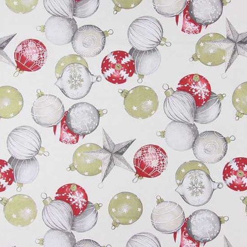 Coupon tissu de noël - 50 x 53 cm - motif "boules de noël" - blanc / rouge (tncpbr1)