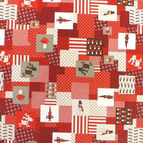 Coupon tissu de noël en coton / polyester - 50 x 46 cm - motif champignons de noël - rouge / gris clair (tncprg1)