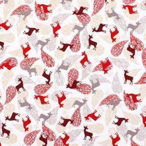 Coupon tissu de noël en 100% coton - 50 x 45 cm - motif rennes rouges - blanc (tncb1)