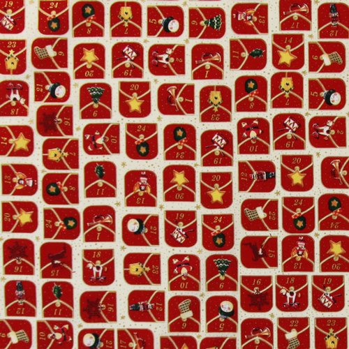 Coupon tissu de noël en 100% coton - 50 x 45 cm - motif "avent" - rouge (tncr2)