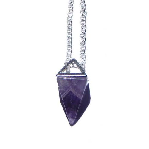 1 pendule / pendentif en améthyste - pyramide allongée - mauve/violet - avec chaîne argentée (pp-am03)