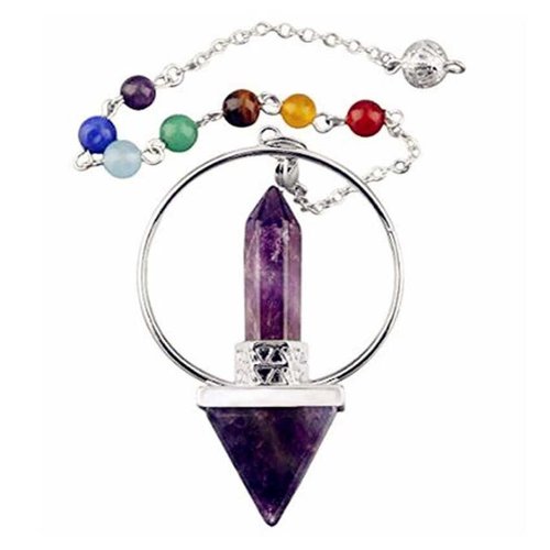 1 pendule pyramide avec pointe, en améthyste - mauve/violet/lavande - avec chaîne couleurs chakra  (pp-am10)