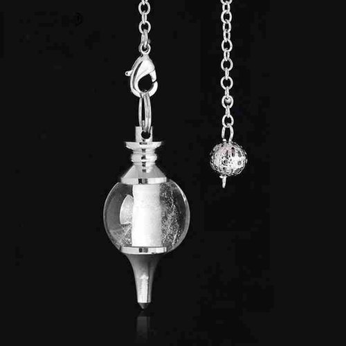 1 pendule / pendentif en cristal de roche - blanc/transparent - séphoroton - boule - avec chaîne argentée (pp-cr01)