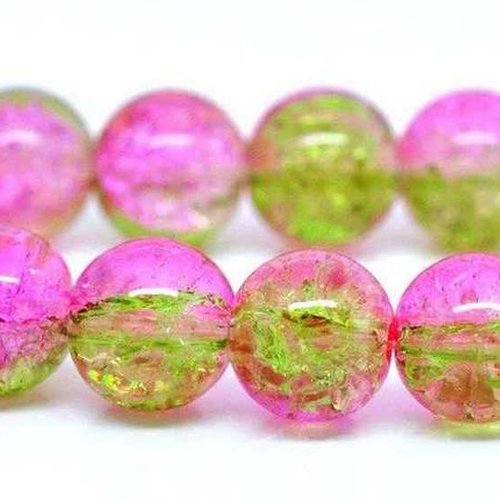 20 perles en verre craquelé - 8mm - bicolores vert lemon/rose pâle - perles craquelées rondes (pcv08bvro)