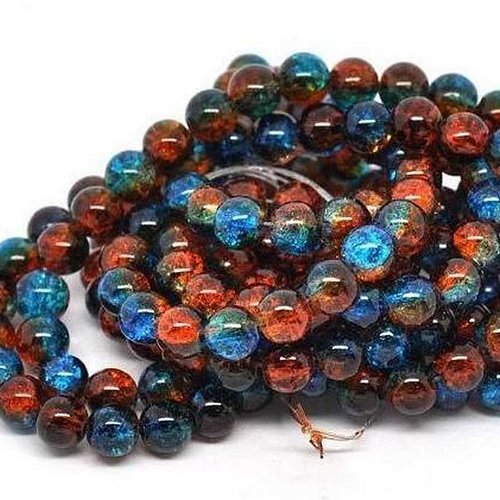 10 perles en verre craquelé - 10 mm - bicolores - bleu / orange - perles craquelées - rondes (pcv10bbc)