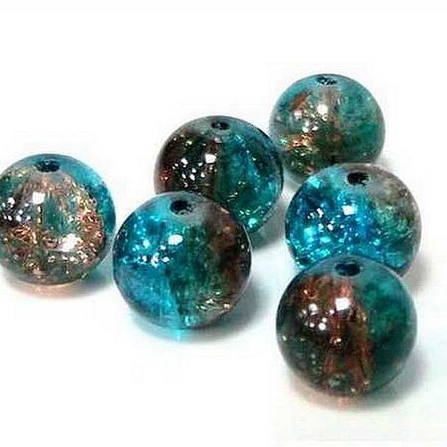 10 perles en verre craquelé - 10 mm - bicolores - bleu / brun bronze - perles craquelées - rondes (pcv10bbb)