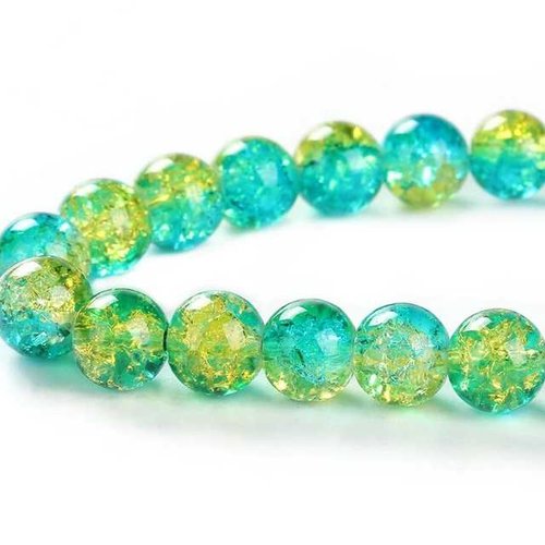 10 perles en verre craquelé - 10 mm - bicolores - bleu / jaune - perles craquelées - rondes (pcv10bbj)