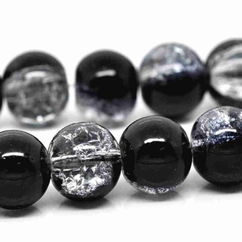 10 perles en verre craquelé - 10 mm - bicolores - noir / transparent - perles craquelées rondes (pcv10bnc)