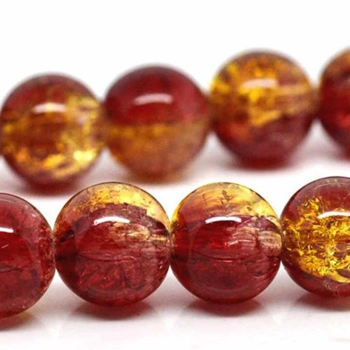 10 perles en verre craquelé - 10 mm - bicolores - rouge / jaune - perles craquelées - rondes (pcv10brj)