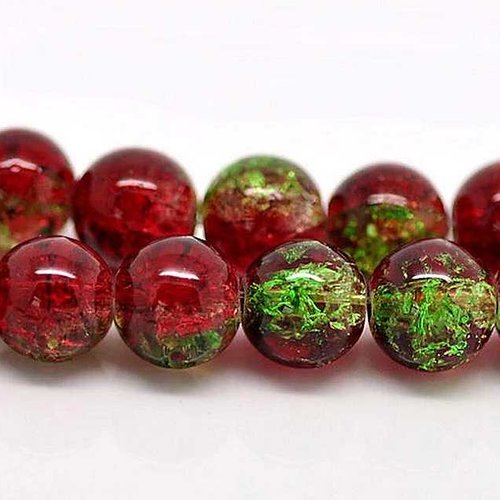 10 perles en verre craquelé - 10 mm - bicolores - rouge / vert - perles craquelées - rondes (pcv10brv)