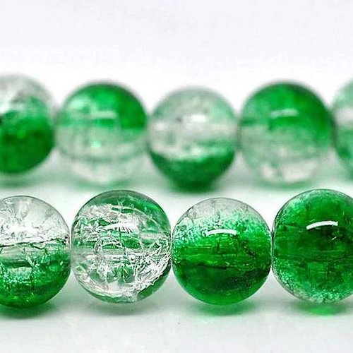 10 perles en verre craquelé - 10 mm - bicolores - vert / transparent - perles craquelées - rondes (pcv10bvc)