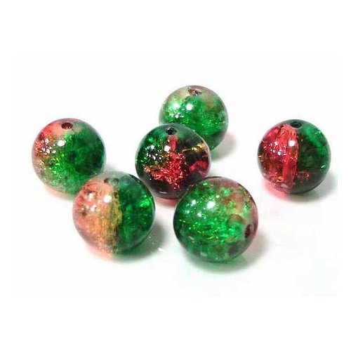 10 perles en verre craquelé - 10 mm - bicolores - vert / orange - perles craquelées - rondes (pcv10bvo)