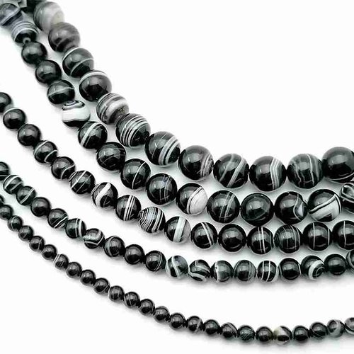10 perles agate noire striée - 6 mm - noir / blanc - pierres gemmes - rondes (agnp06-2)
