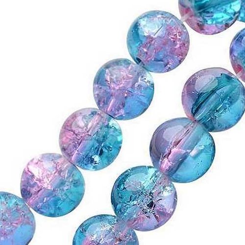 10 perles en verre craquelé - 6 mm - bicolores bleu / rose - perles craquelées rondes (pcv06bbro)
