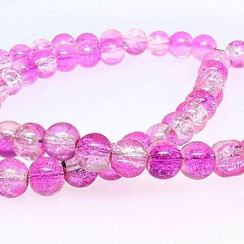 20 perles en verre craquelé - 6 mm - bicolores - fuchsia / transparent - perles craquelées - rondes (pcv06bfc)