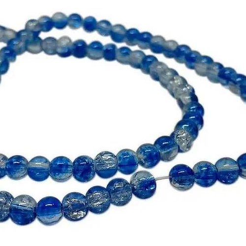 10 perles en verre craquelé - 4 mm - bicolores - bleu / transparent - perles craquelées - rondes (pcv04bbc)