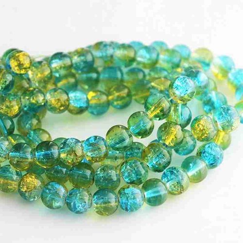 30 perles en verre craquelé - 4 mm - bicolores - bleu turquoise / jaune - perles craquelées - rondes (pcv04bbj)