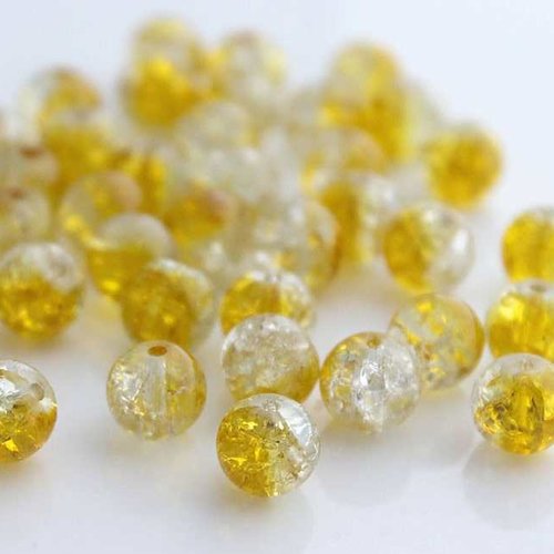 30 perles en verre craquelé - 4 mm - bicolores - jaune / transparent - perles craquelées - rondes (pcv04bjc)