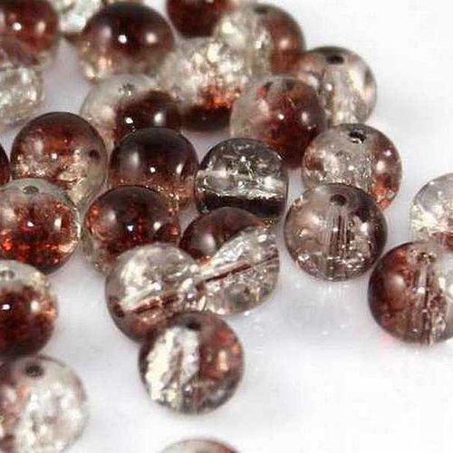 30 perles en verre craquelé - 4 mm - bicolores - brun marron / transparent - perles craquelées - rondes (pcv04bmc)