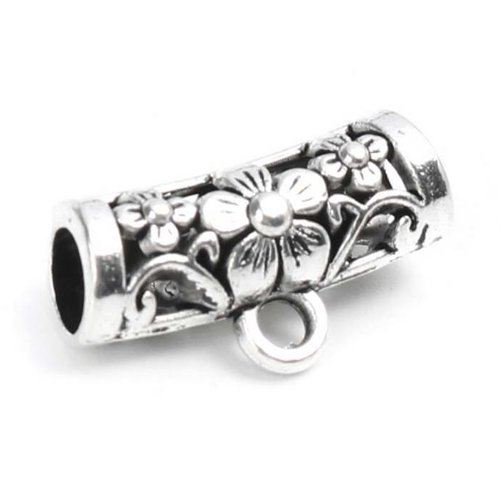 2 bélières / attaches - 19 x 11 mm - couleur argent vieilli - tibetan silver - tube avec motif filigrane / fleur  - connecteurs (bel19ts)