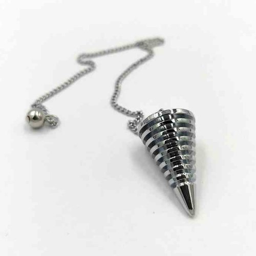 1 pendule / pendentif en métal - cône à anneaux - chromé - avec chaîne argentée (pm-c03)