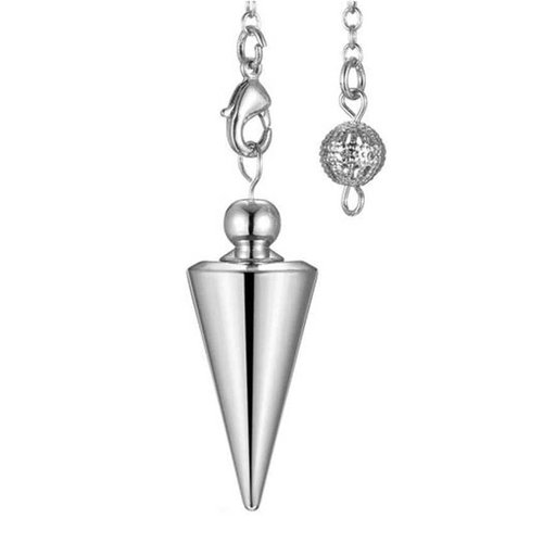 1 pendule / pendentif en métal - cône simple - argenté - avec chaîne argentée (pm-c08)