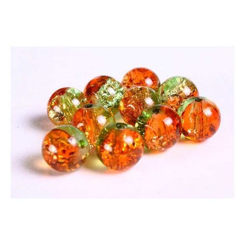 20 perles en verre craquelé - 8 mm - bicolores - citron vert / orange - perles craquelées rondes (pcv08bcvo)