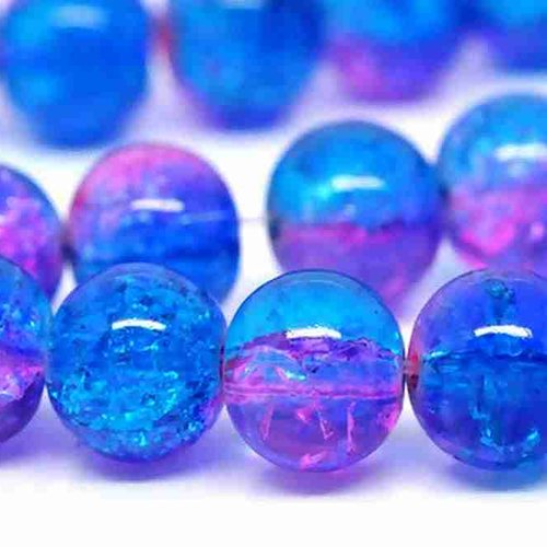 20 perles en verre craquelé - 8 mm - bicolores - fuchsia / bleu - perles craquelées rondes (pcv08bfb)