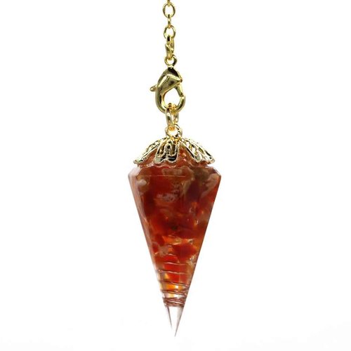 1 pendule / pendentif en orgonite avec agate rouge - cône à 6 facettes - avec chaîne dorée (po-agr01)