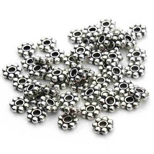 50 perles métal -  4 mm - argent vieilli - tibetan silver - intercalaires - fleurs rondes daisy (pmd04ts)