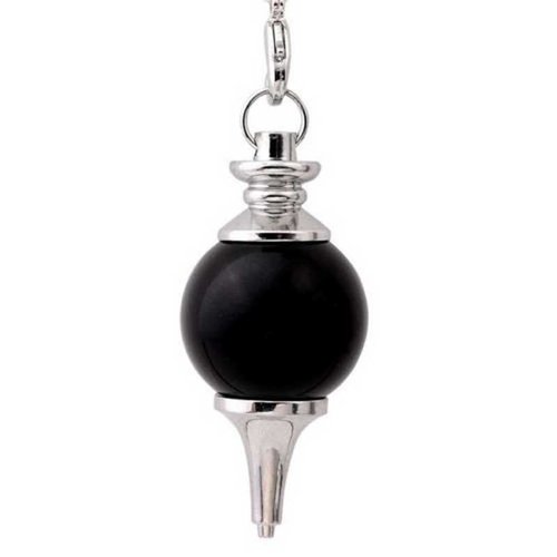 1 pendule / pendentif en agate noire - séphoroton - boule - avec chaîne argentée (pp-agn01)