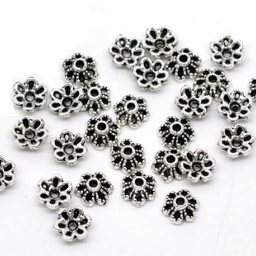20 coupelles de perles - 6 x 3 mm - argent vieilli - tibetan silver - calottes - fleur antique (cpf06ts)