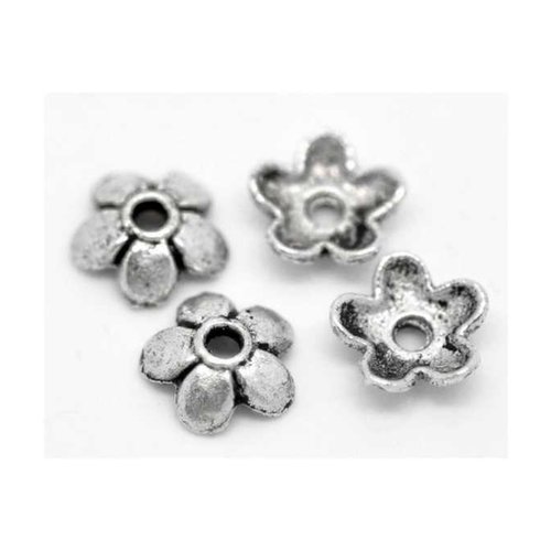 20 coupelles de perles  - 6 x 6 mm - argent vieilli - tibetan silver - calottes - fleur à 5 pétales (cpf06ts-2)
