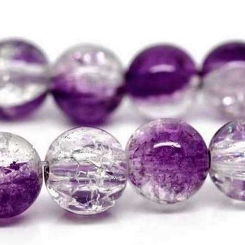 20 perles en verre craquelé - 8 mm - bicolores pourpre violet / transparent - perles craquelées - rondes (pcv08bpc)