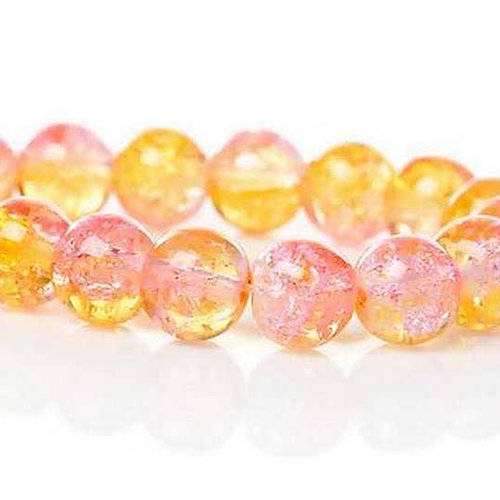 20 perles en verre craquelé - 8 mm - bicolores rose / jaune doré - perles craquelées - rondes (pcv08brod)