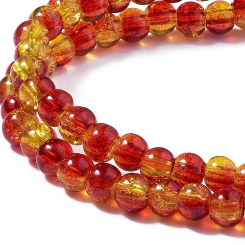 20 perles en verre craquelé - 8 mm - bicolores rouge/ jaune doré - perles craquelées - rondes (pcv08brd)