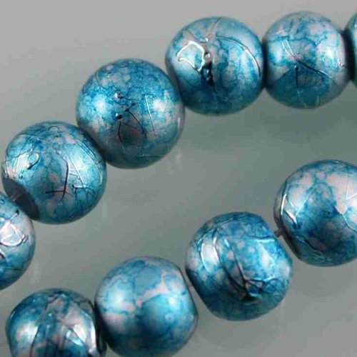 10 perles en verre tréfilé - 4 mm - argenté / bleu - drawbench - verre filé - moucheté - marbré - tacheté (pfd04ab)