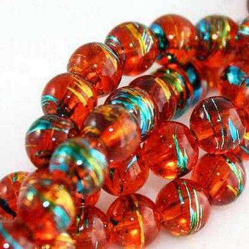 10 perles en verre tréfilé - 4 mm - multicolores orange ambre / bleu / doré - drawbench - verre filé (pfd04obd)