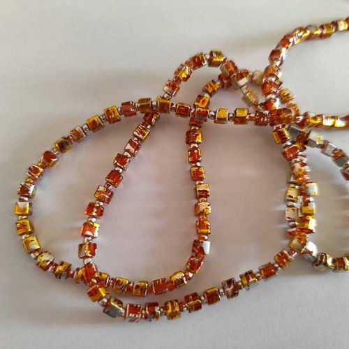 10 perles cubes en verre tréfilé - 4 mm - multicolores orange ambre / argenté / doré - drawbench - verre filé (pfdc04aad)
