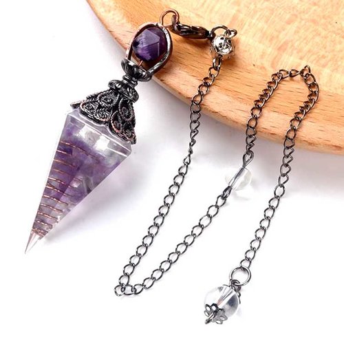 1 pendule / pendentif orgonite avec améthyste - cône à 6 facettes - avec sertissage et chaîne couleur bronze vielli (po-ar01)