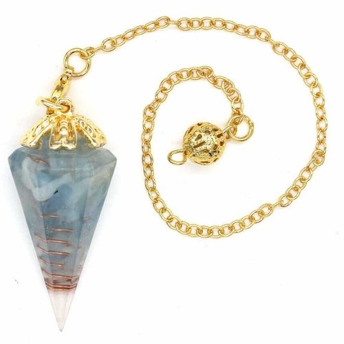 1 pendule / pendentif orgonite avec aigue-marine - cône à 6 facettes - avec sertissage et chaîne couleur doré (po-agm01)