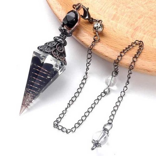 1 pendule / pendentif orgonite avec obsidienne noire - cône à 6 facettes - avec sertissage et chaîne couleur bronze (po-obs1)