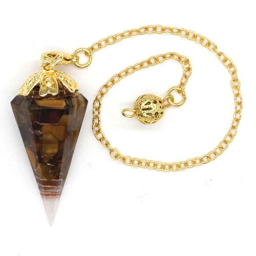 1 pendule / pendentif orgonite avec oeil de tigre - cône à 6 facettes - avec sertissage et chaîne dorée (po-ot01)