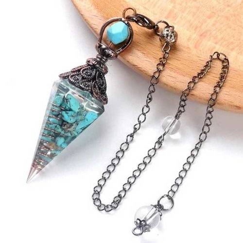 1 pendule / pendentif orgonite avec turquoise - cône à 6 facettes - avec sertissage et chaîne couleur bronze (po-tqu1)