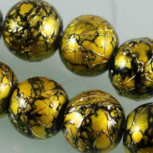 10 perles en verre tréfilé - 4 mm - jaune doré / noir - drawbench - verre filé - moucheté - marbré - tacheté (pfd04jn)