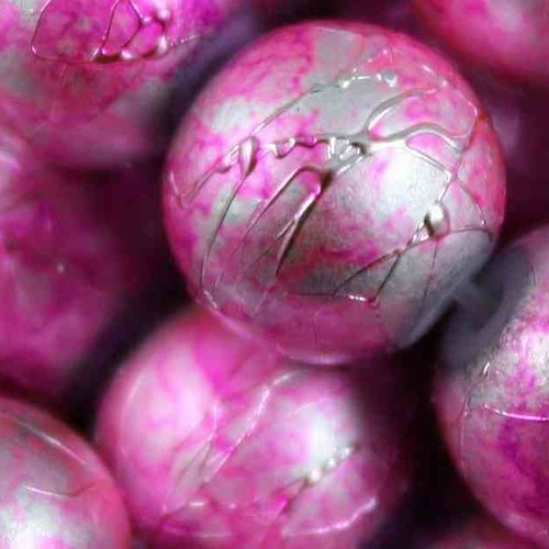 10 perles en verre tréfilé - 6 mm - argenté / rose - drawbench - verre filé - moucheté - marbré - tacheté (pfd06ar)