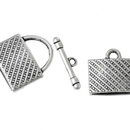 1 fermoir toggle à bascule - kit à 3 éléments - forme serrure - alliage zinc - argent vieilli -  fermoir en t - barre en t (fts23av)