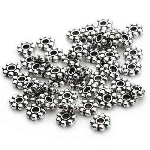 50 perles métal -  4 mm - argent vieilli - tibetan silver - intercalaires - fleurs rondes daisy - perles marguerites (pmd04ts)