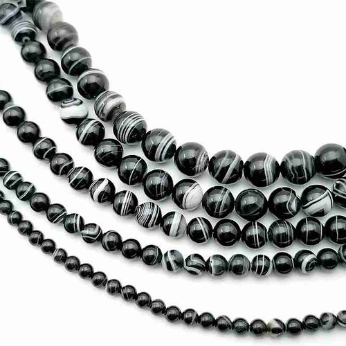 10 perles agate noire striée - 6 mm - noir / blanc - agate noire à rayures - pierres gemmes - rondes (agnp06-2)