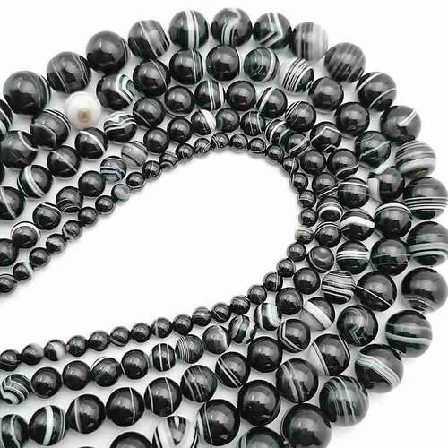 10 perles agate noire striée - 8 mm - noir / blanc - agate noire à rayures - pierres gemmes - rondes (agnp08-2)